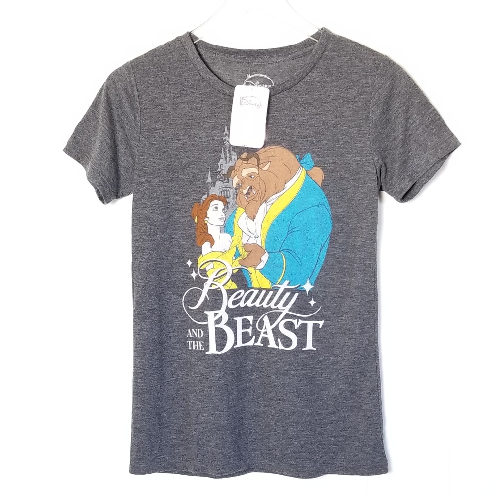 DISNEY Beauty And The Beast Heathered Gray Graphic Tee Size S Princess Belle New
